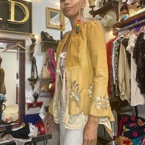 Laser cut pigskin leather puff antique lace OOAK jacket Magda Berliner custom XS